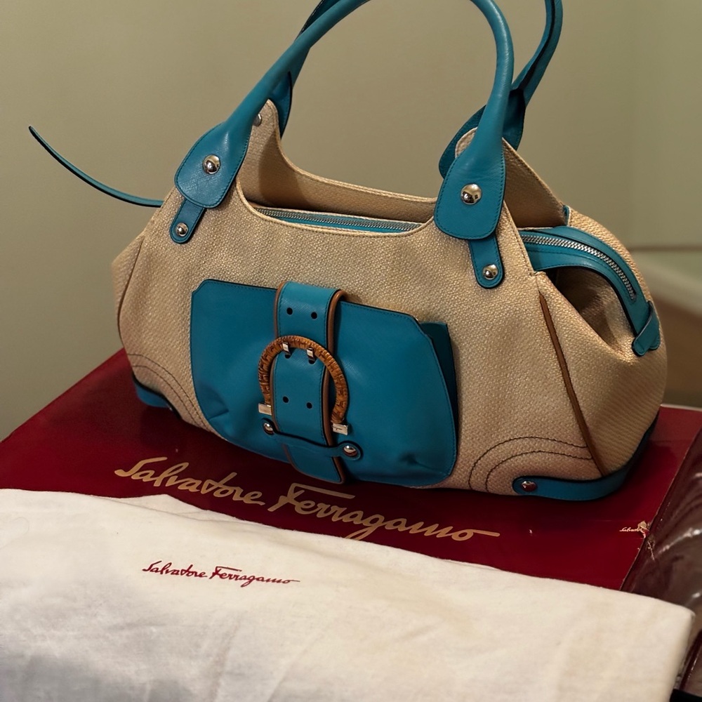 Salvatore Ferragamo Beige Canvas Shoulder Bag with Turquoise Leather Trim
